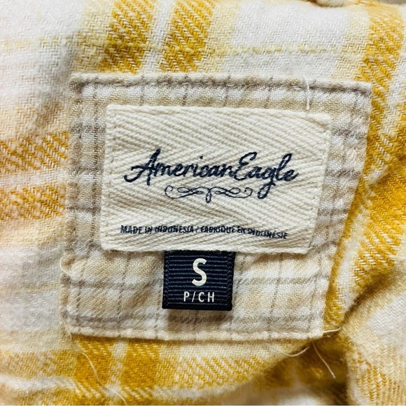 American Eagle Yellow Plaid Flannel Button Down Shirt Small - Picture 5 of 7